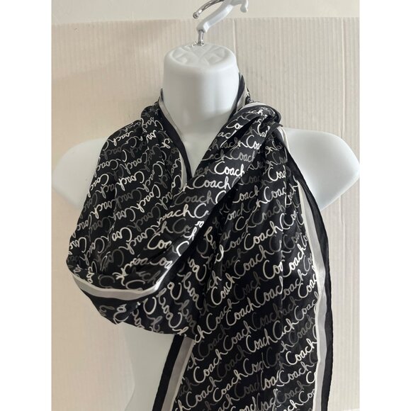 COACH 100% SIlk Scarf Black White Gray Cursive Logo 58" x 10" - Picture 2 of 8